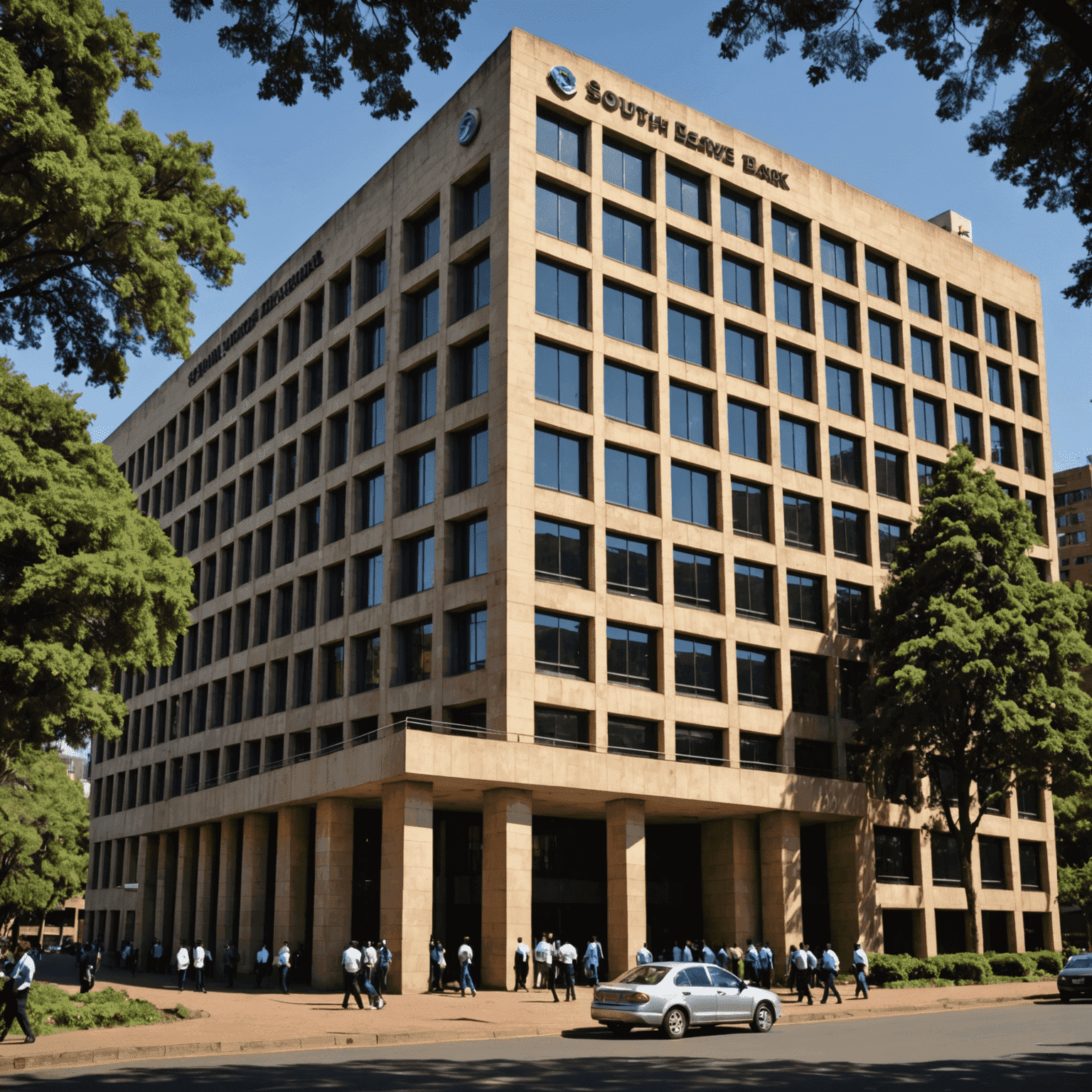 South African Reserve Bank building in Pretoria with economists and financial experts gathered outside discussing new economic measures