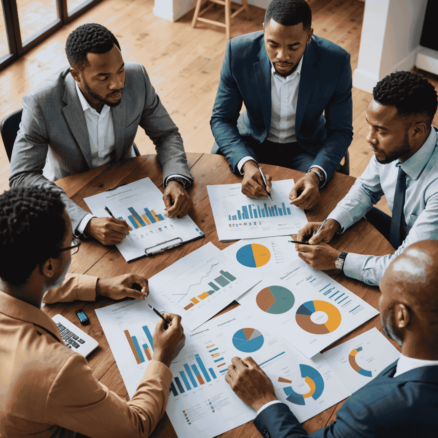 A diverse group of South Africans discussing financial plans around a table with charts and graphs