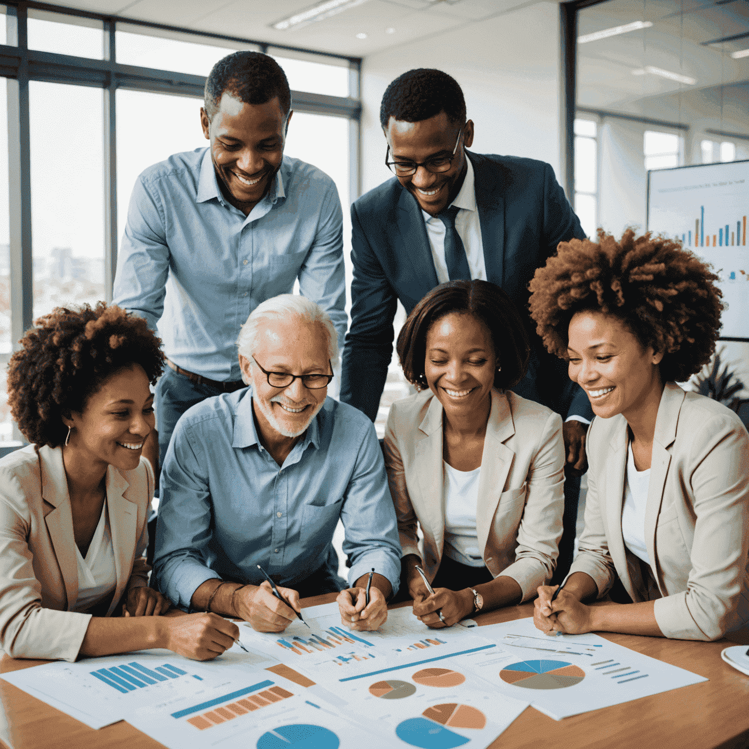 A diverse group of South Africans collaborating on a financial plan, pointing at charts and smiling. The image shows people of various ages and ethnicities working together in a bright, modern office setting.