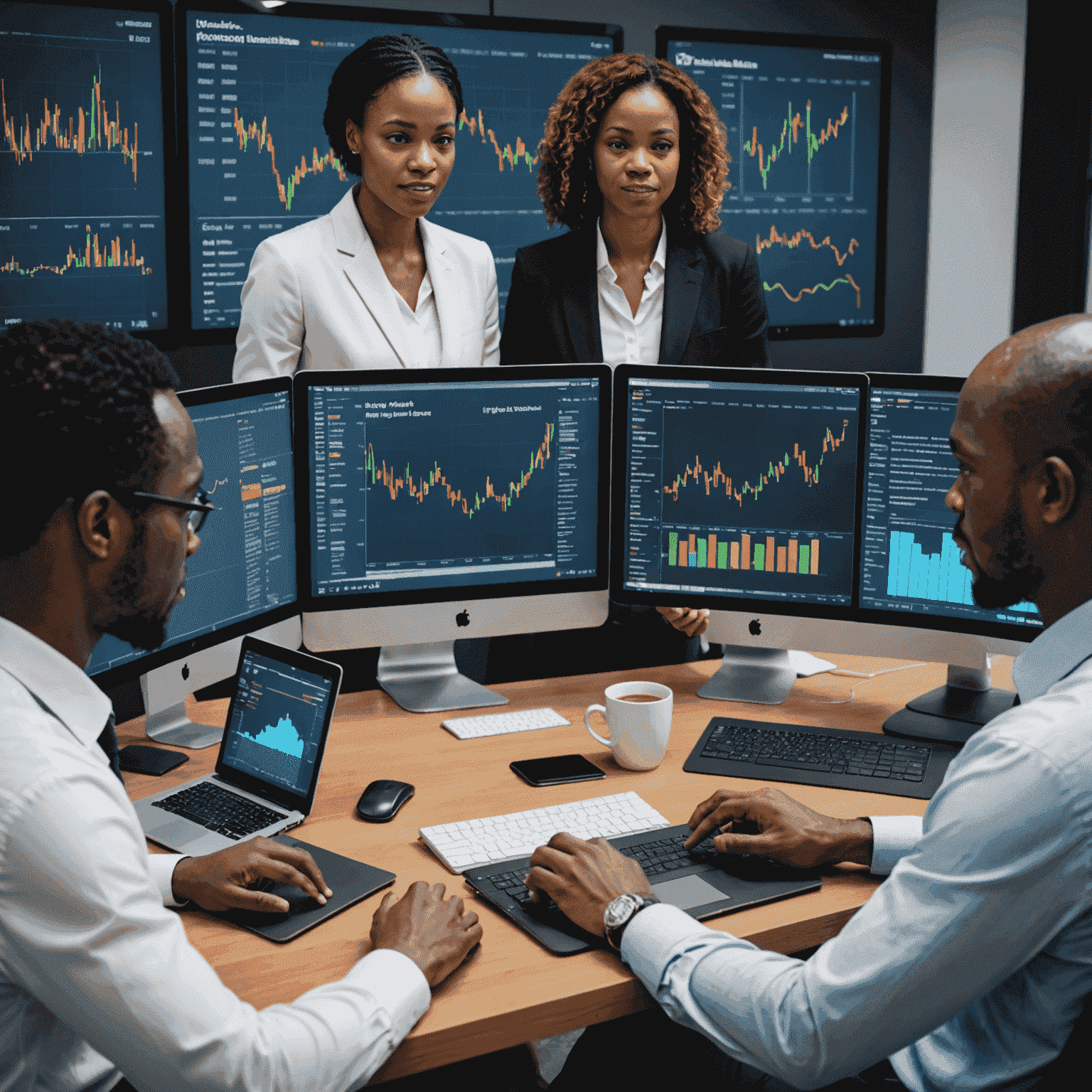 A diverse group of South African investors analyzing stock market data on computer screens and tablets, showcasing collaboration and engagement in financial decision-making