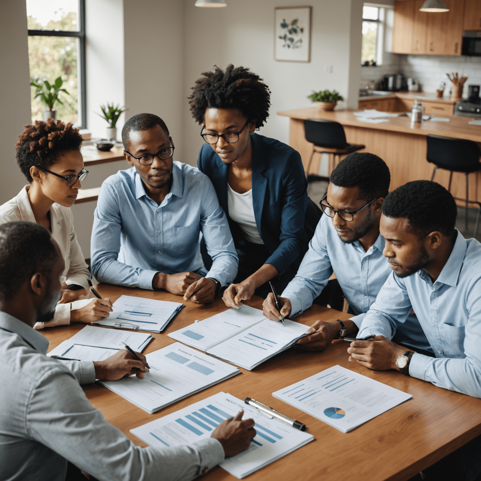 A diverse group of South Africans discussing debt management strategies around a table, with financial documents and a laptop visible. The image conveys a sense of collaboration and problem-solving.
