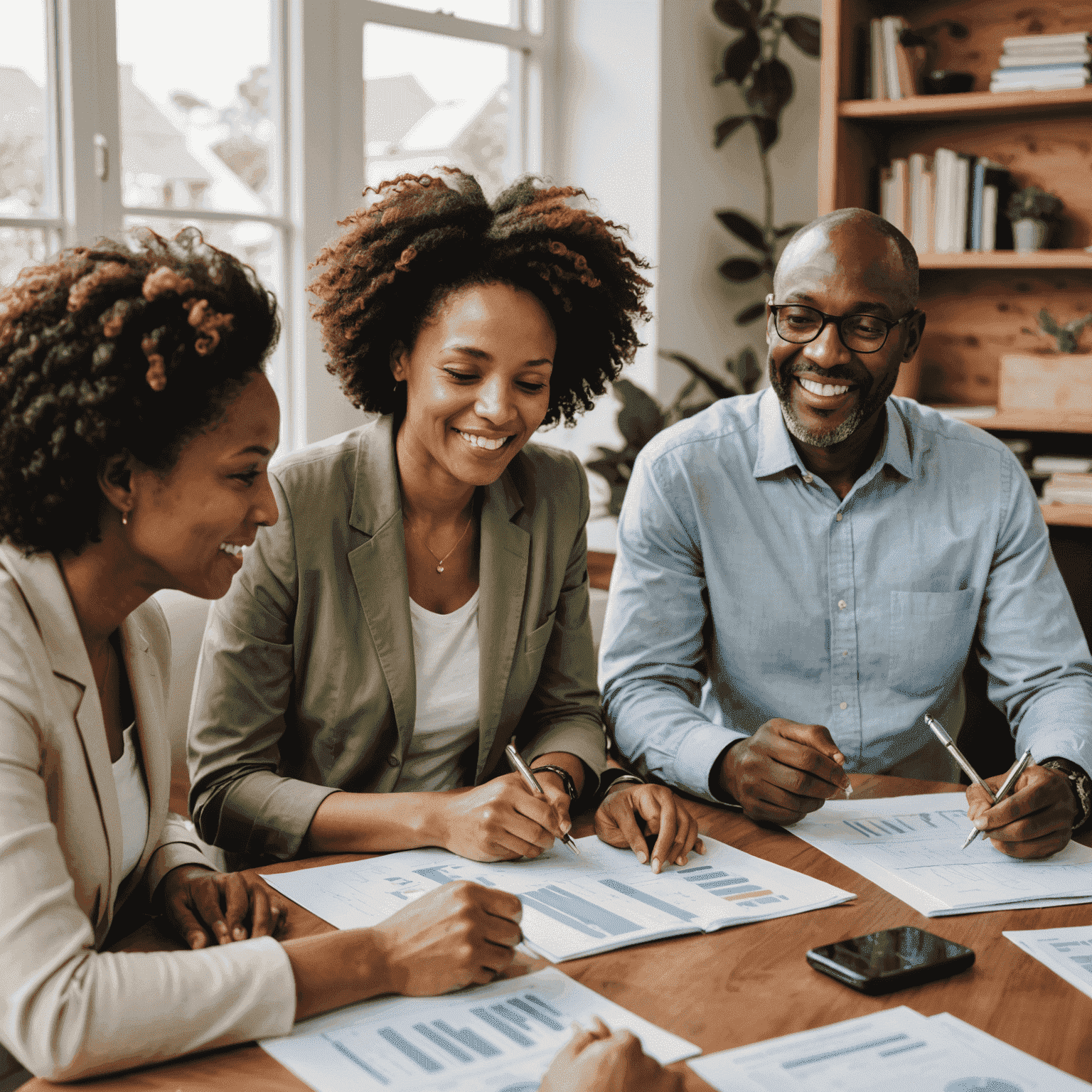 A diverse group of South Africans in their 30s and 40s discussing retirement plans with a financial advisor. They are seated around a table with charts and documents spread out, looking engaged and optimistic.
