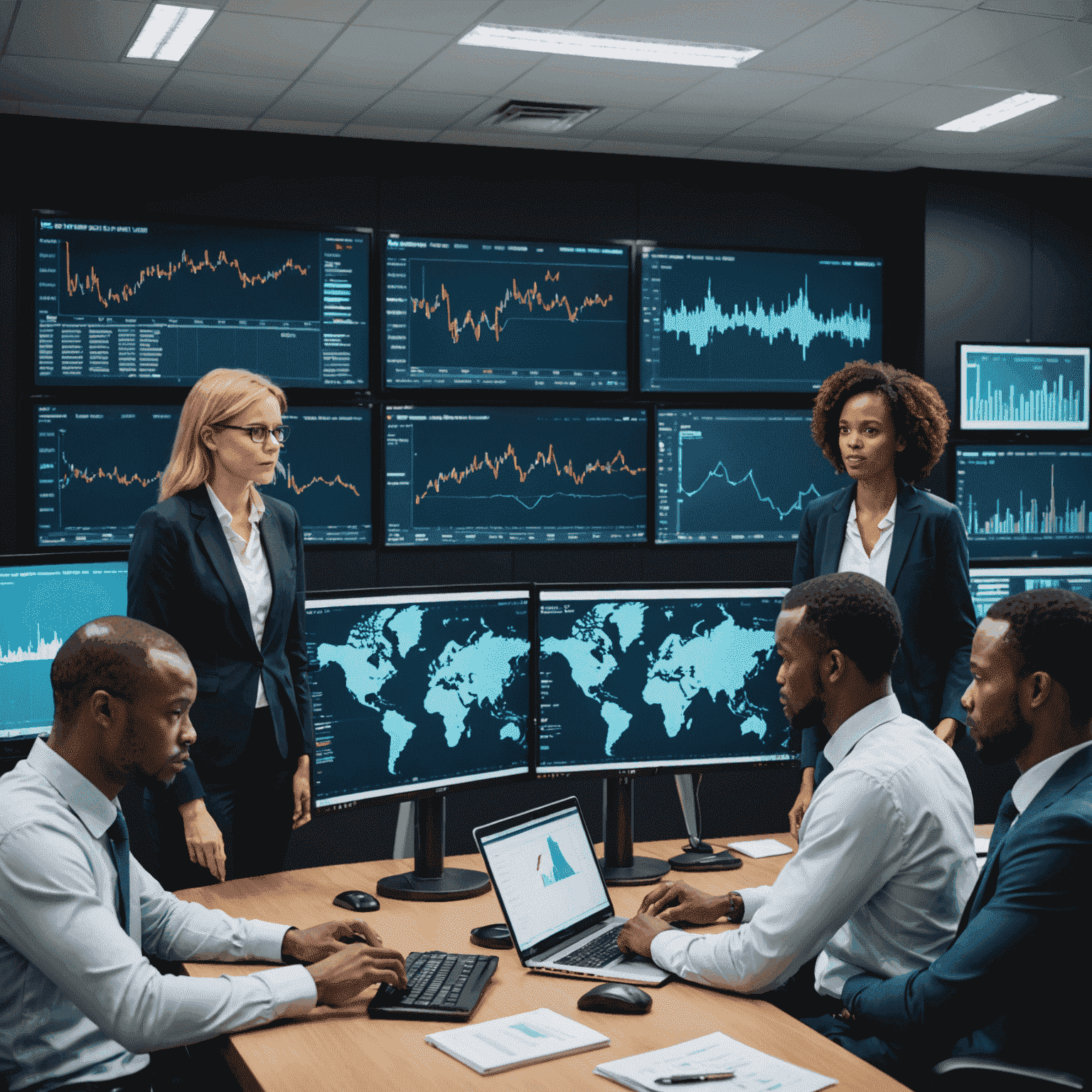 A newsroom with financial analysts discussing the latest market trends, graphs and charts displayed on large screens, and a diverse group of South African professionals analyzing economic data