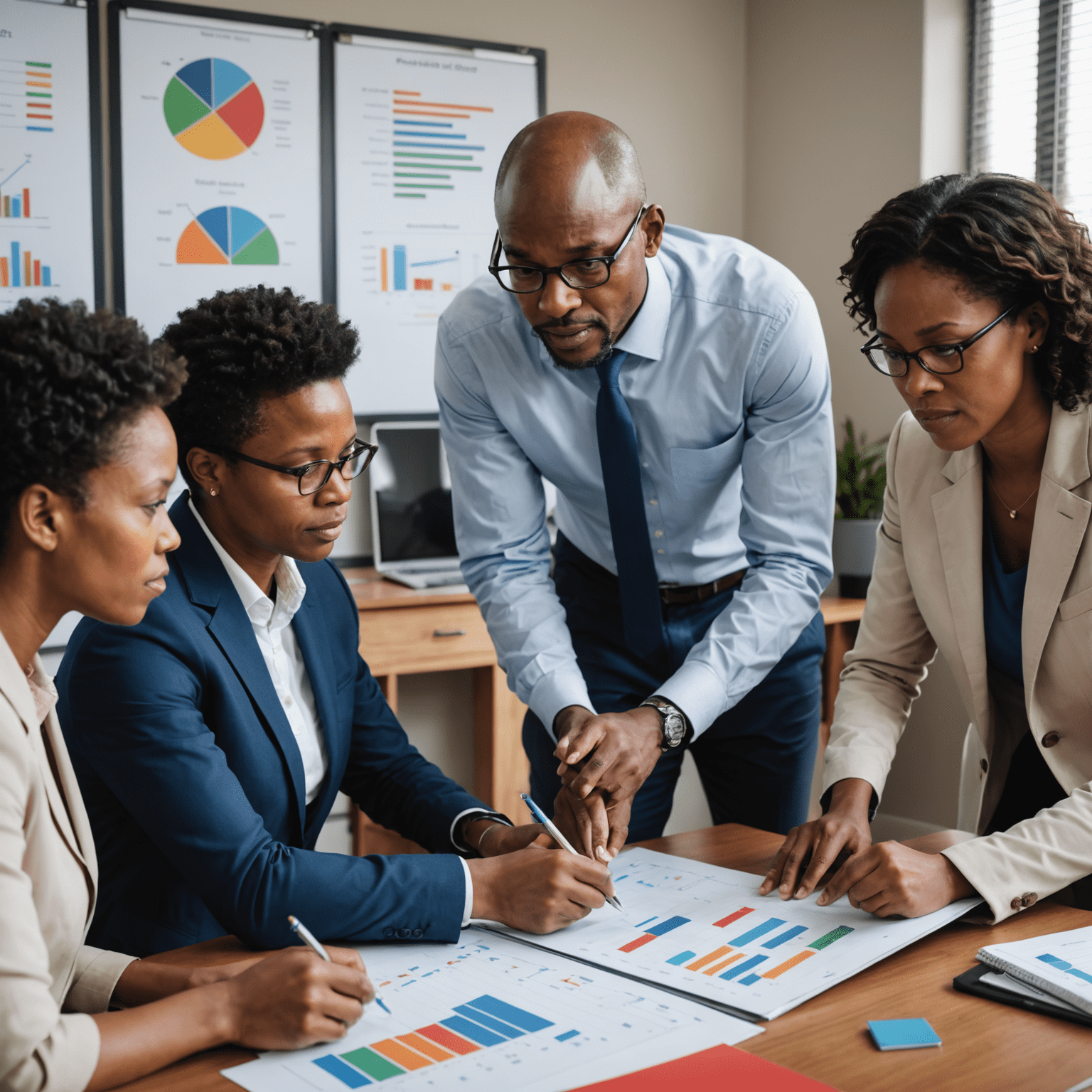 A South African financial advisor explaining unit trust concepts to a diverse group of clients using visual aids and charts, emphasizing education and informed decision-making