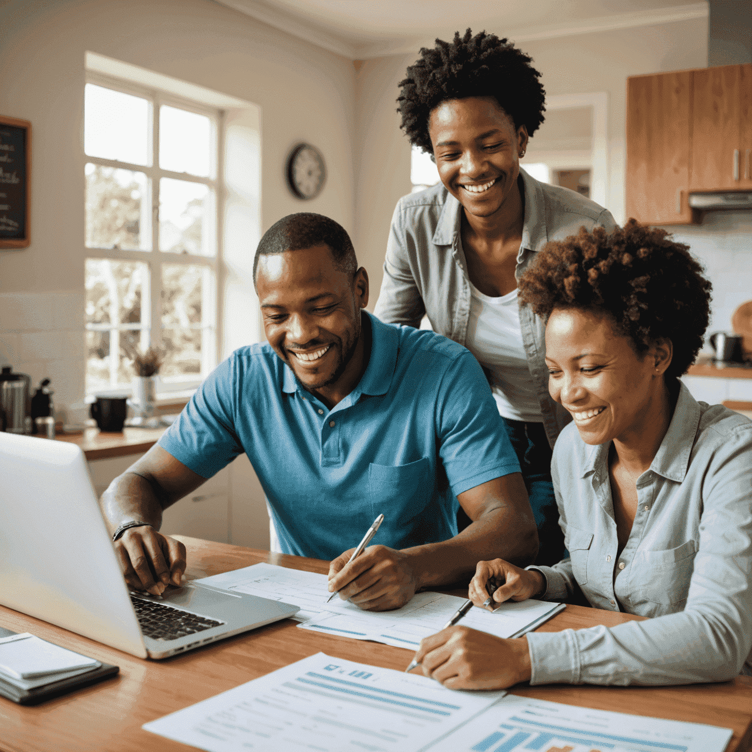 A smiling South African family reviewing their budget and financial plans together at home, with a laptop and financial documents spread out on a table. The image conveys a sense of financial empowerment and family collaboration.