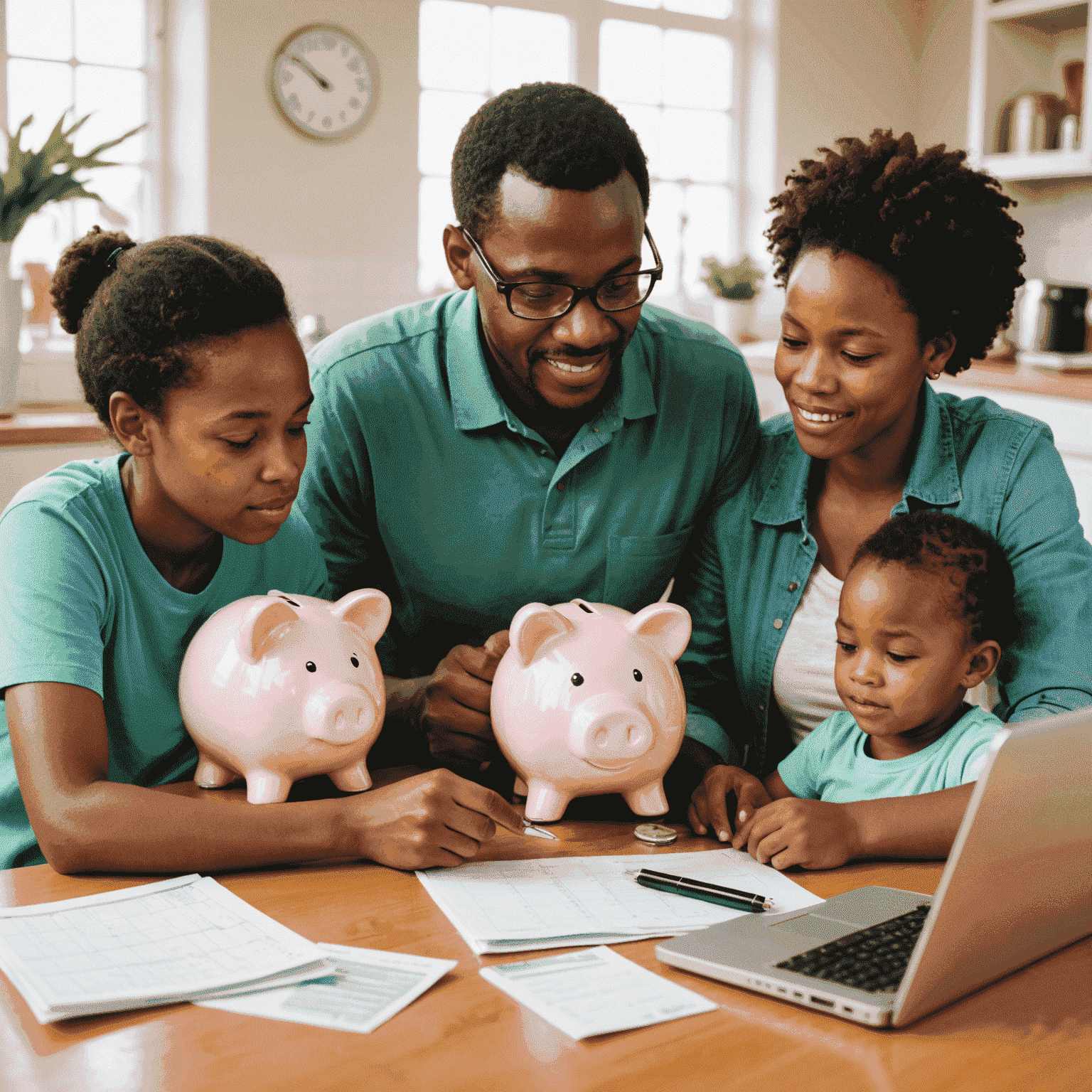 A South African family planning their budget at home, using a laptop and calculator, with a piggy bank and grocery receipts visible, illustrating practical money-saving techniques