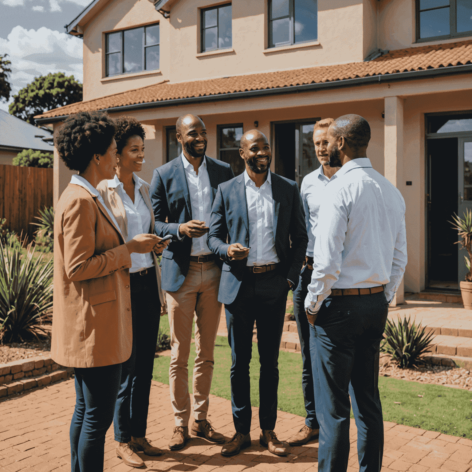 A diverse group of South African property investors touring a potential investment property, discussing its features and potential returns