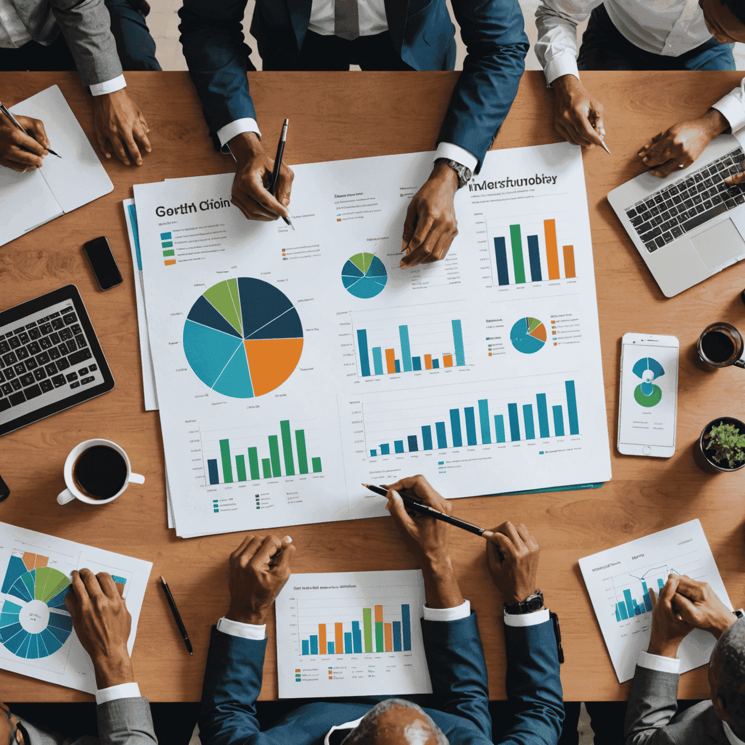 A diverse group of South African investors reviewing investment portfolios, with charts showing growth in various sectors of the South African economy, including technology, renewable energy, and agriculture
