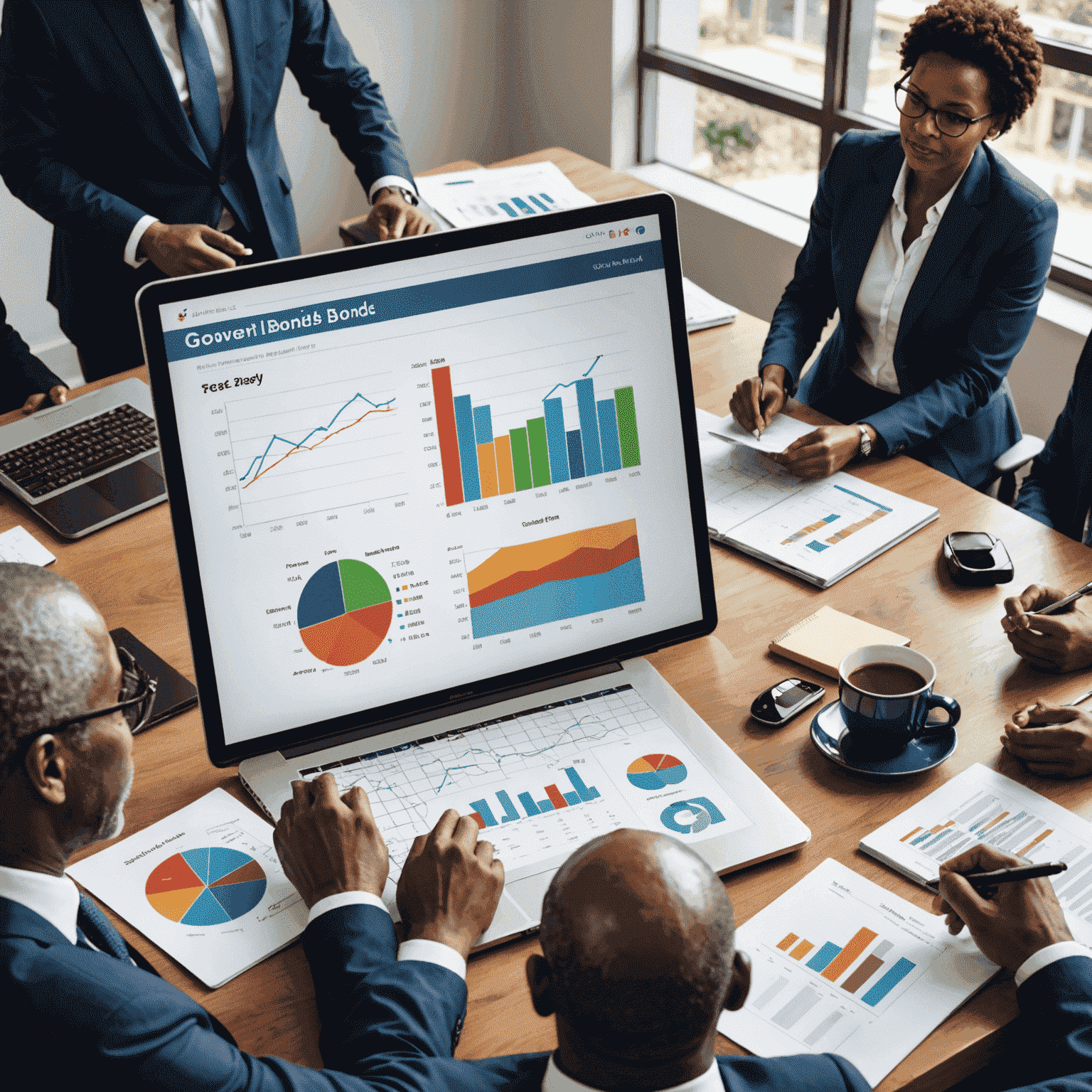 A South African financial expert presenting information about government bonds to a diverse audience, using graphs and charts to illustrate yields and risks