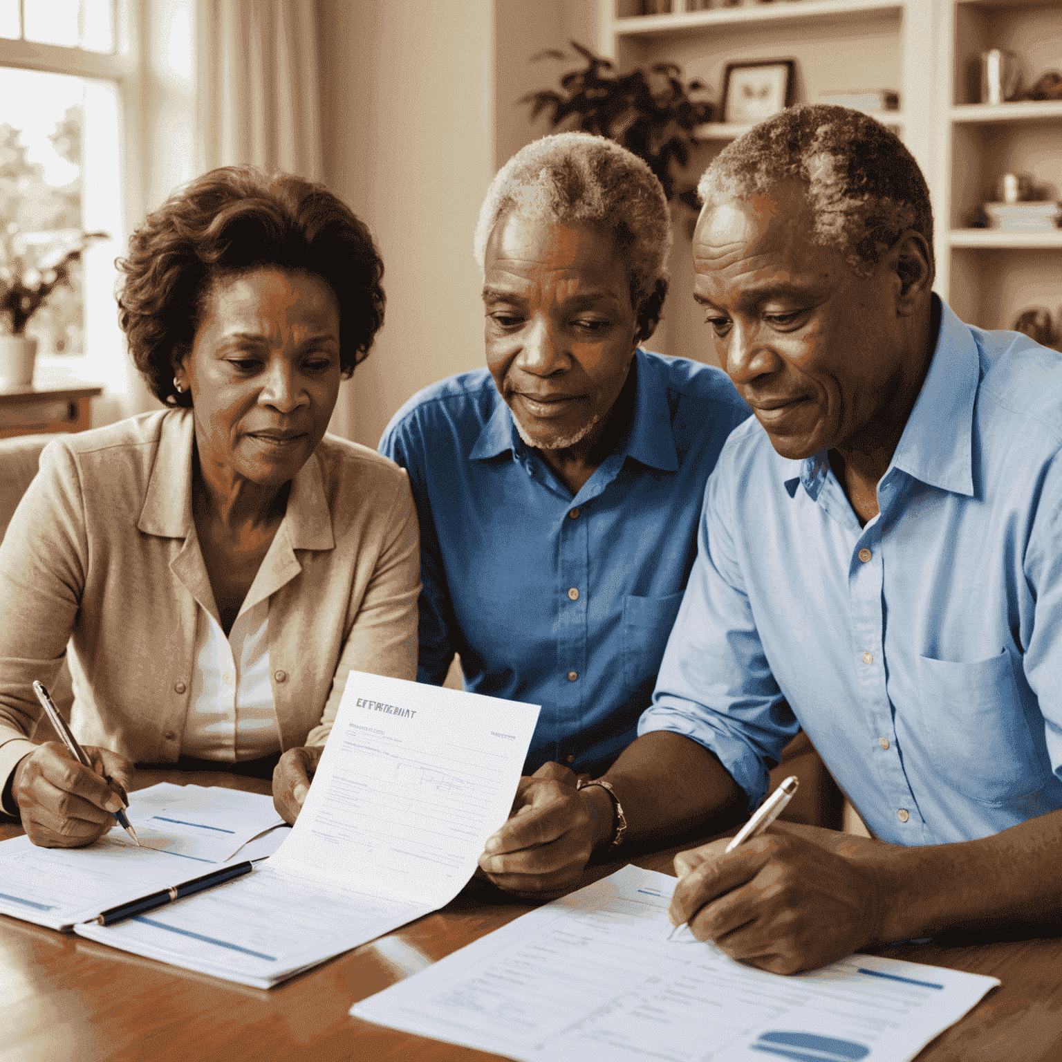 A mature South African couple reviewing retirement plans with a financial advisor