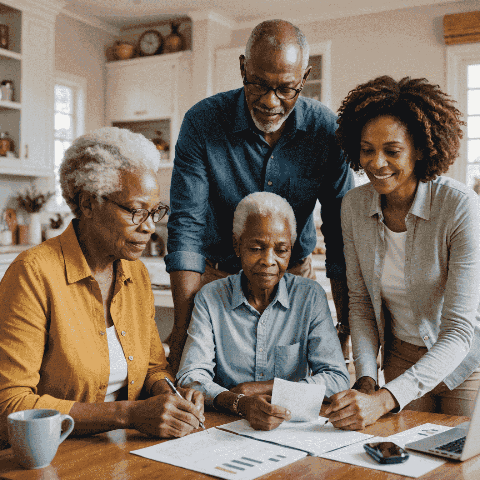A multi-generational South African family discussing retirement planning with a financial advisor, reviewing documents and digital presentations about retirement annuities